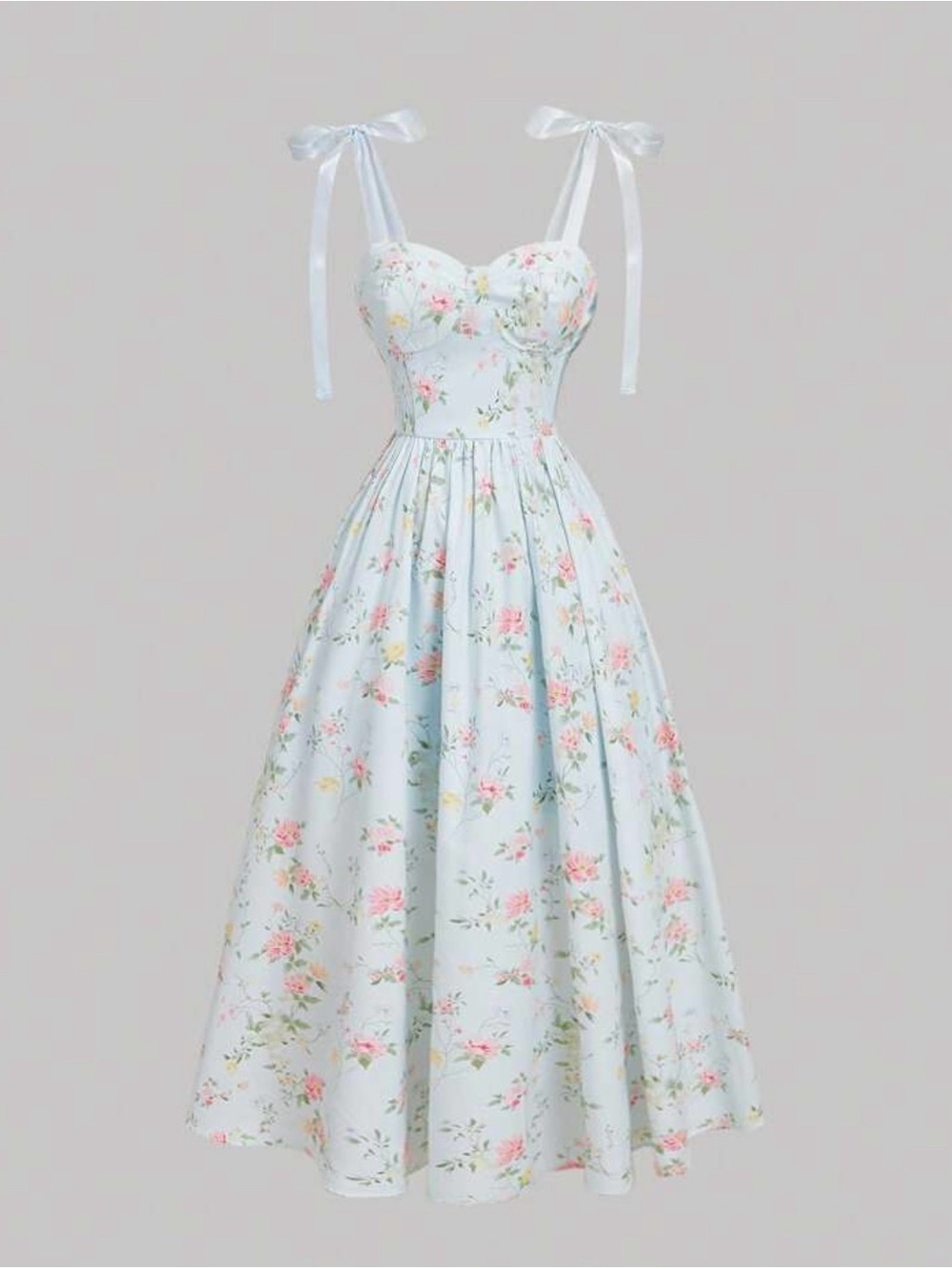 Vintage-Inspired Light Blue Floral Tie-Shoulder Sundress